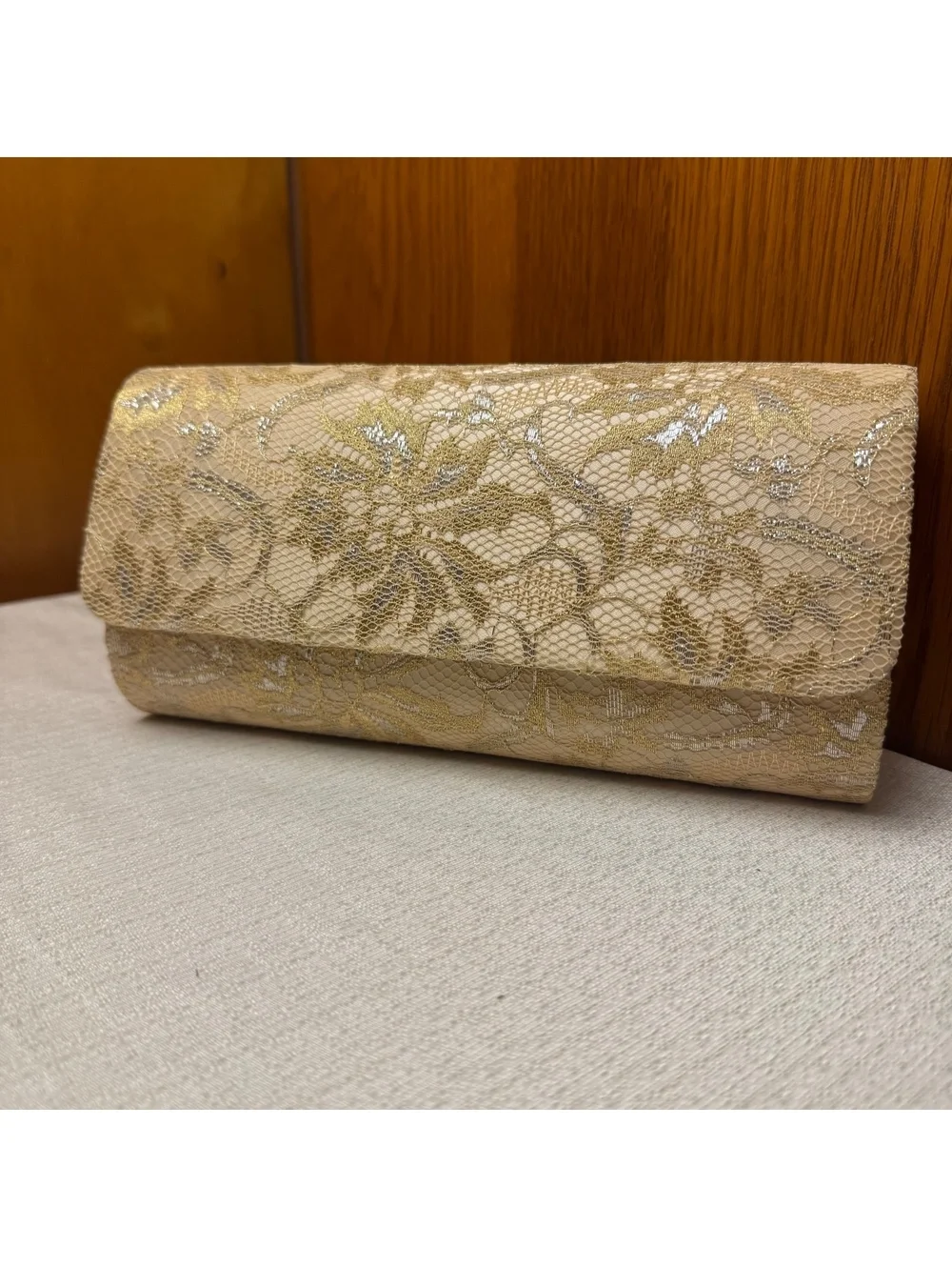 Vintage Gold Metallic Lace Evening Clutch Purse Chain Strap Formal Handbag